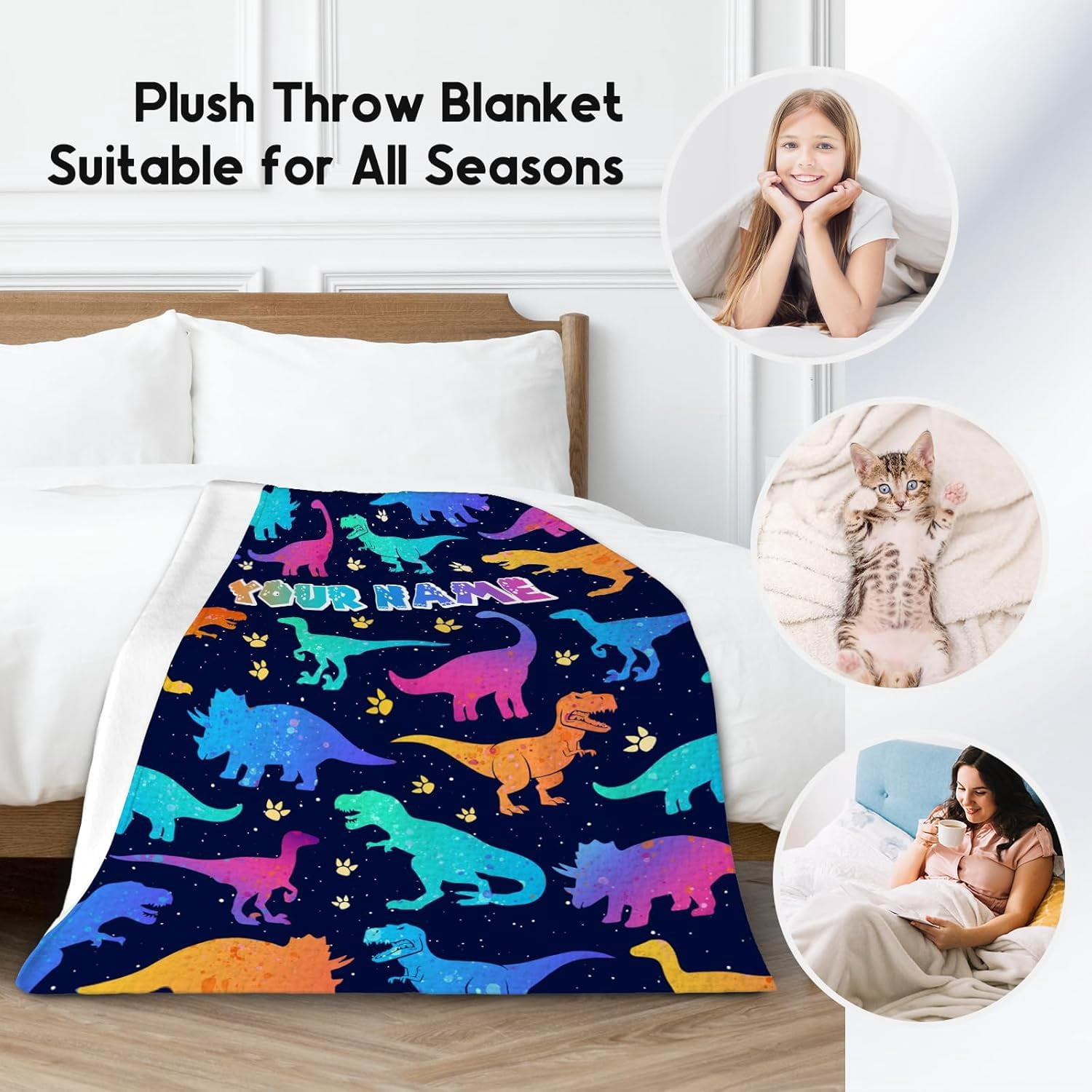 Custom Dinosaur Blanket with Name for Boys Girls, Personalized Dinosaur Gifts for Boys, 50"x60" Toddler Blankets for Boys, Kids Throw Blanket for Couch Bed, Soft Fuzzy Fluffy Throw Blanket