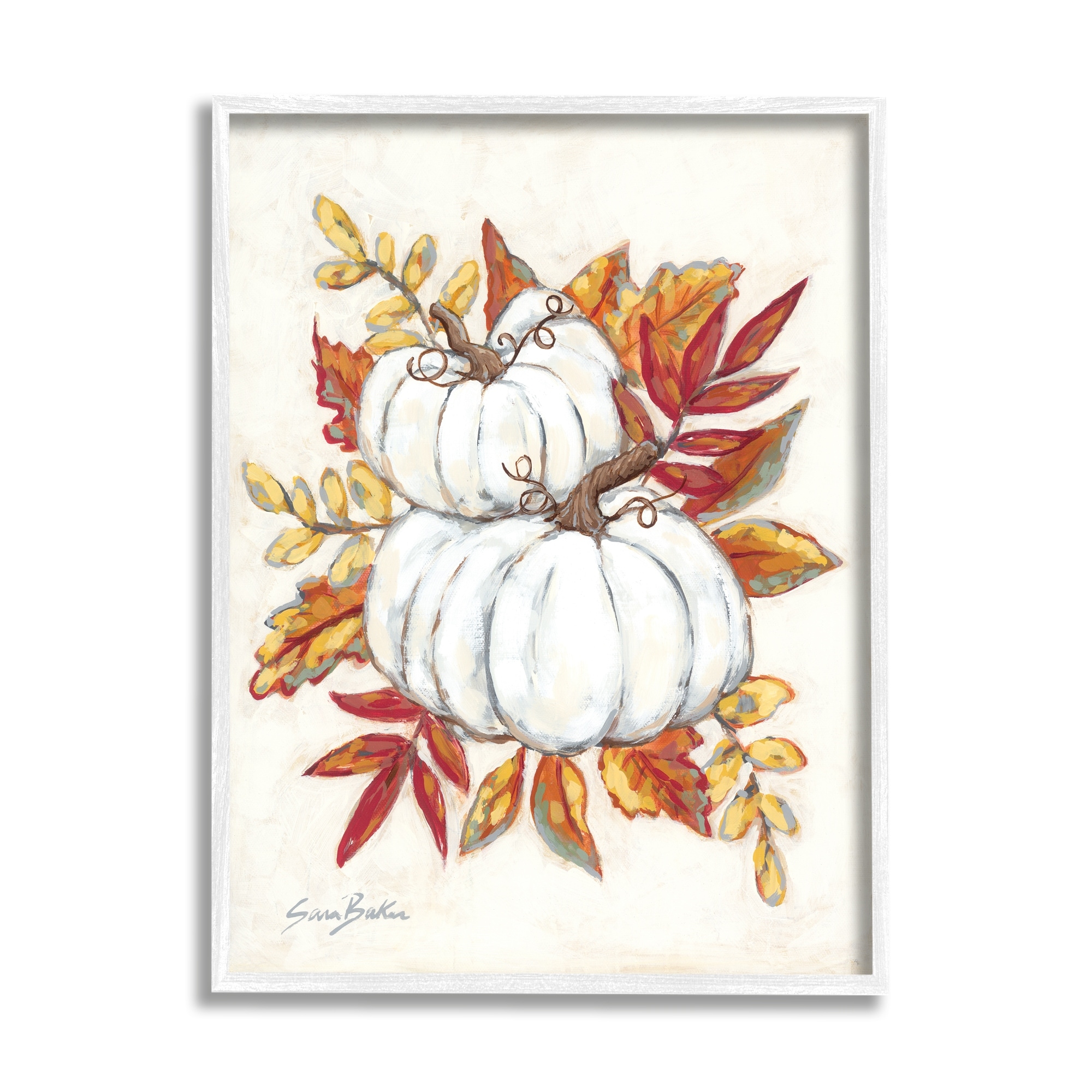 Stupell Industries White Pumpkins Stacked Red Orange Autumn Leaves, 24 x 30,Design by Sarah baker