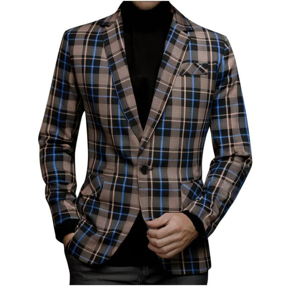 TFEOQRY Men's Checkered Blazer One Button Long Sleeve Casual Wedding Prom Business Party Suit Jacket Coffee