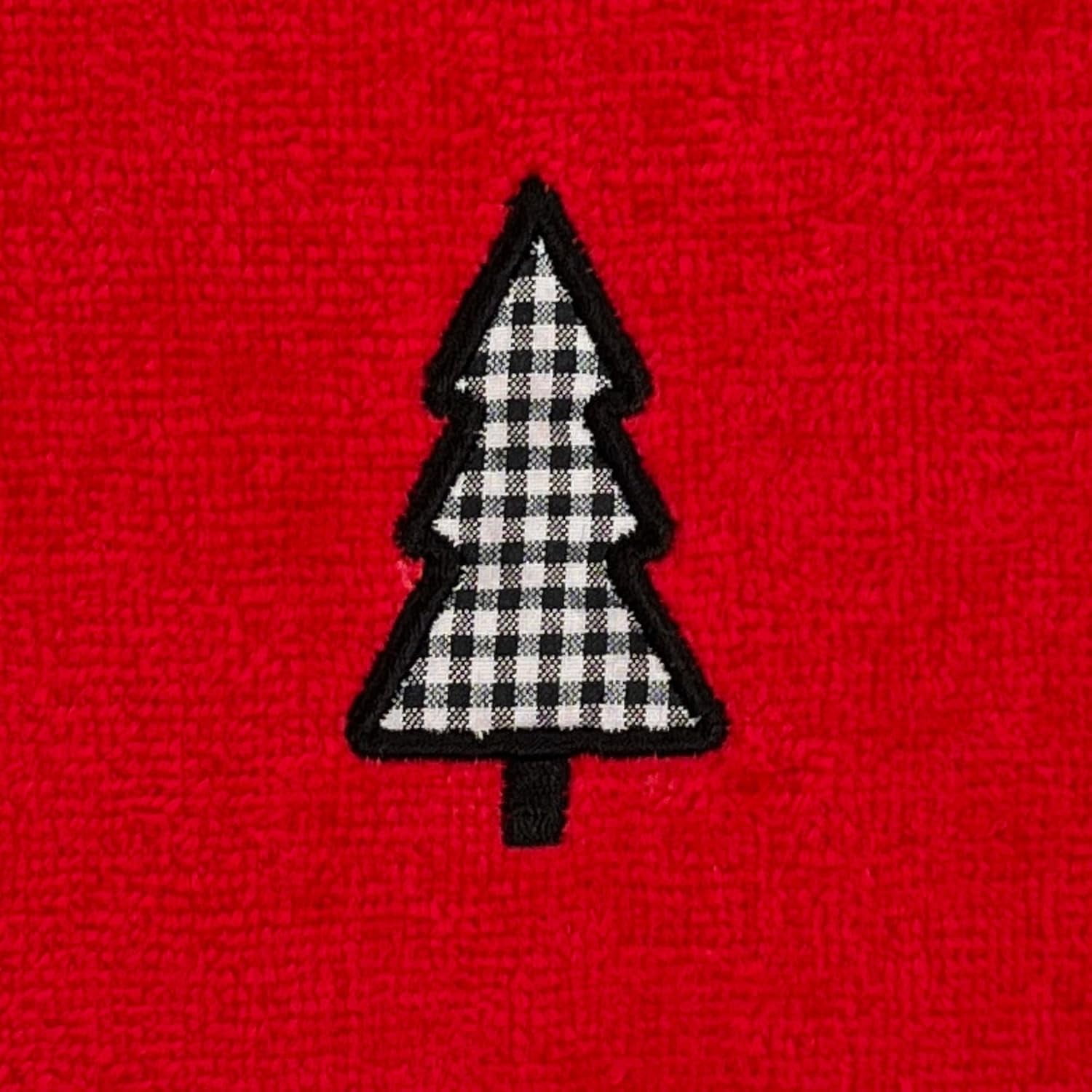 Holiday Winter Christmas Bathroom Guest Hand Fingertip Embroidered Applique Towels 4 Pc Set: Checkered Trees 16 x 25 inches, Gingham Tree Design,12 x 18 inches, Black White on Red, 100% Cotton