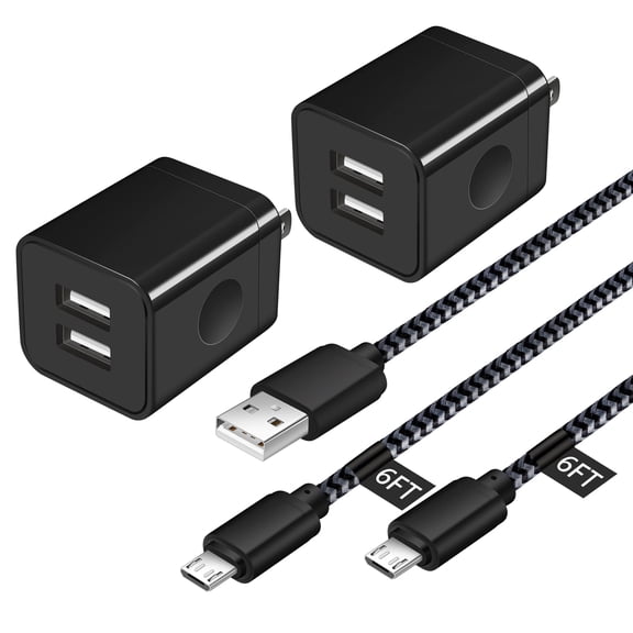 pannbo Micro USB Cable 2-Pack 6FT with Dual Port USB Wall Charger 2-Pack, 2.1A Android Charging Block for Samsung Galaxy S7/S6/J7/Note 5, LG, Moto G5/G4, PS4, Camera, Black