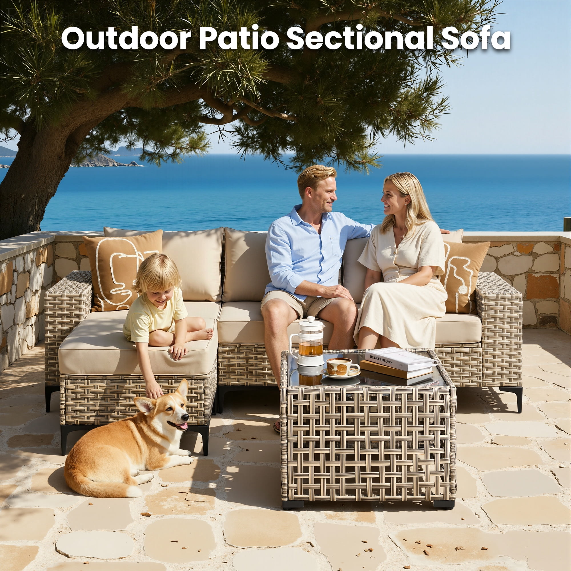 Vcatnet Outdoor Patio Furniture 5 Pieces Wicker Conversation Set Sectional Sofa with Coffee Table and Ottoman, Beige