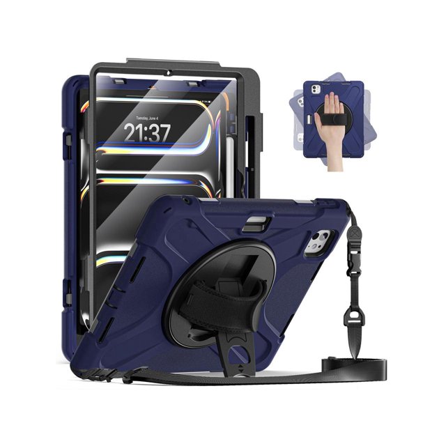 Case for iPad Pro 11 Inch M4 2024 5th Generation A2836/A2837/A3006 with Built-in Screen Protector, 360° Rotating Stand, Adjustable Shoulder Strap, Precise Cutouts, Pencil Holder