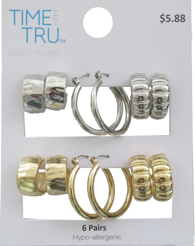 Time and Tru Two Tone 6 Pack Two Tone Textured and Smooth Hoops Earring Set For Women