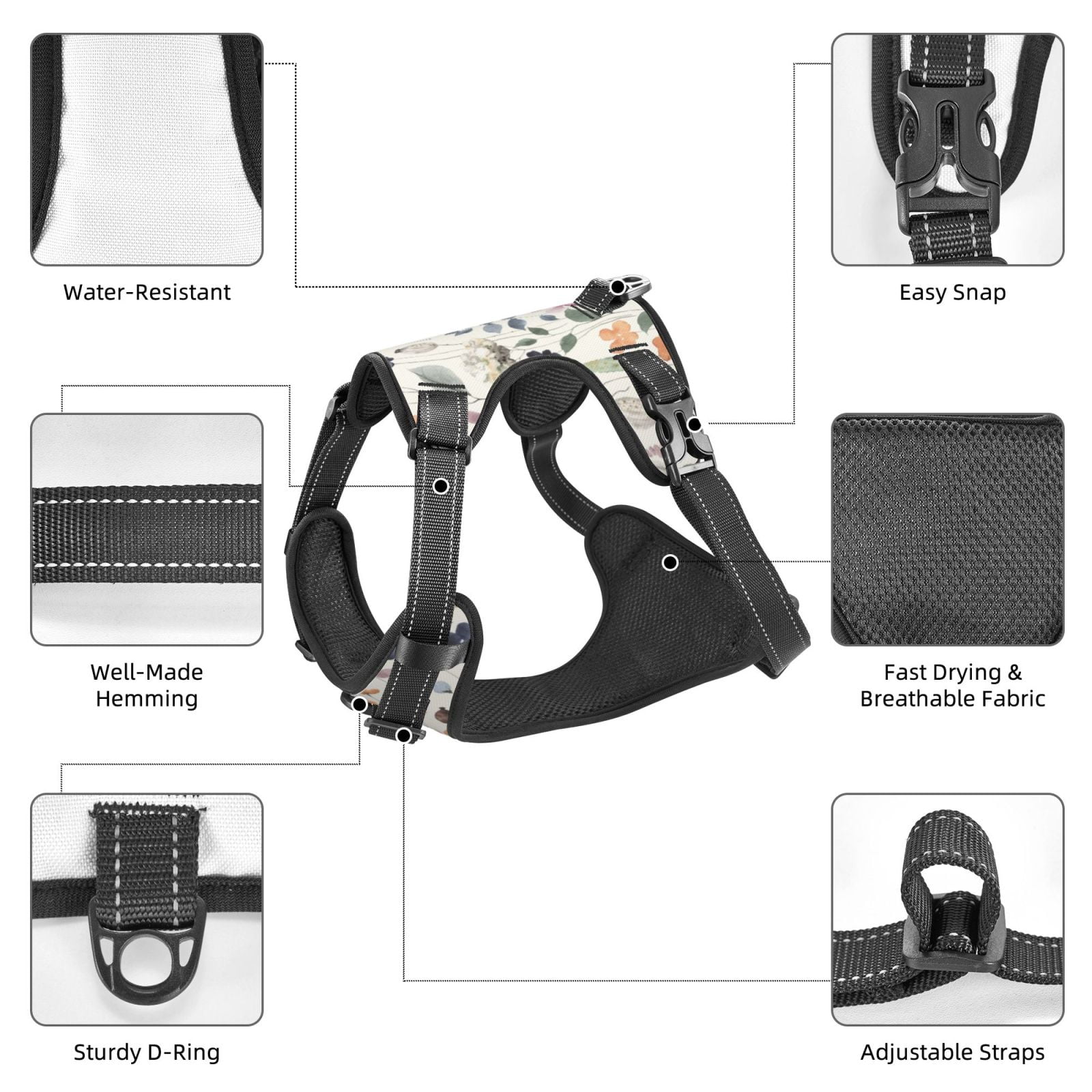 Fuzoiu Watercolor Floral Print Reflective Dog Harness,Adjustable, Breathable Pet Vest,Dog Harness No Pull,No Choke Pet Vest for Small, Medium, and Large Dogs-Small