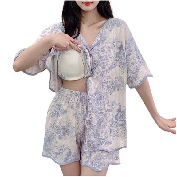 Tnhcen Women's Spring Summer Printed Sleepwear Set - Short Sleeve Top with Built-in Bra & Shorts 2-Piece Pajama | Breathable Loungewear M-2XL | Casual Home Wear