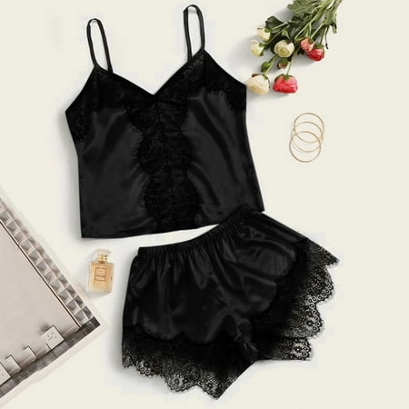 

UDAXB Lingerie Women Sleepwear Sleeveless Strap Nightwear Lace Trim Satin Cami Top Pajama Sets