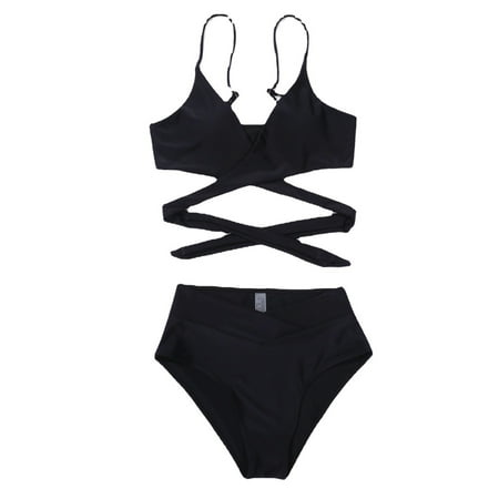 XUELUO Womens Bikinis Solid Color Sexy Spaghetti Strap High Waist Bra And Panty Set Two Pieces Swimwears Activewear