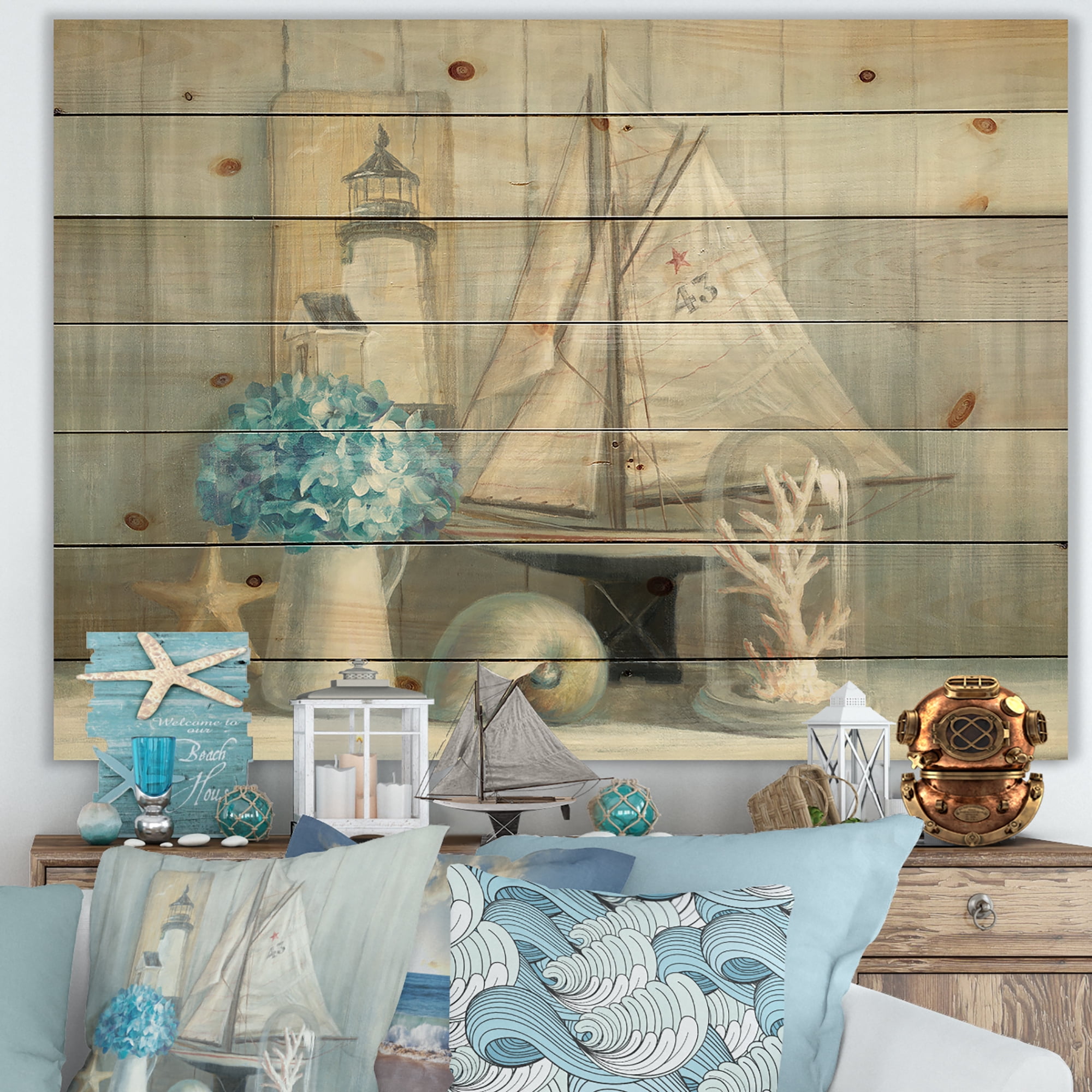 Designart 'Summer Nautical House' Nautical & Coastal Print on Natural Pine Wood