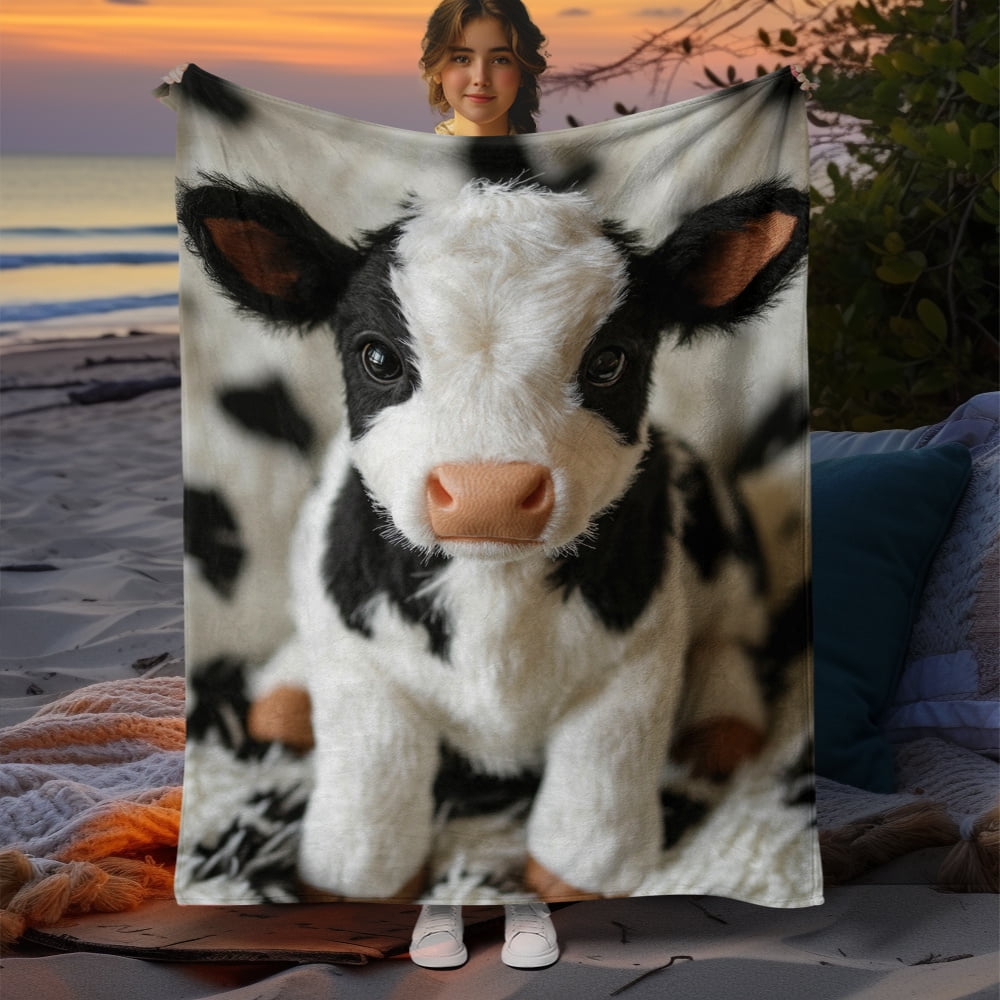 Cozy Cows Print Flannel Blanket - Soft Warm Polyester Fleece Throw for Sofa, Bed, Travel - All Seasons Chunky Knit Blanket, Machine Washable - Ideal Gift for Family and Friends