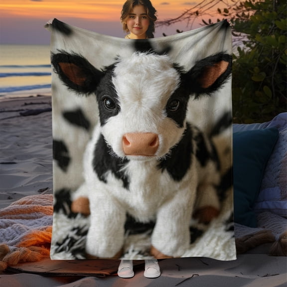 1pc Cow Print Flannel Blanket Soft Warm Fiber Thick All Season Cozy Throw for Sofa Bed & Travel Machine Washable Ideal Gift for Home & Friends