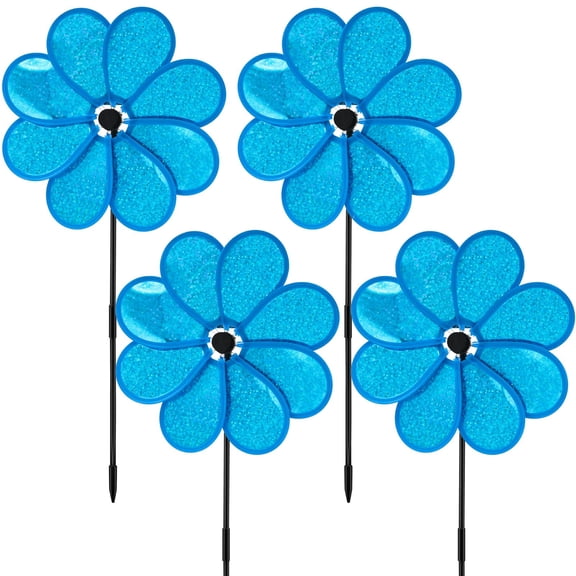 4PCS Flower Wind Spinner Sparkly Lawn Pinwheel 11.8 inch Colorful Rainbow Garden Windmill for Garden, Party, Outdoor, Yard Decor