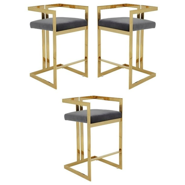 Home Square 27.5" Velvet Bar Stool in Gray/Gold Set of 3