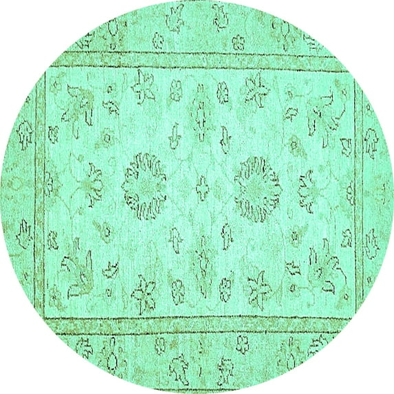 Ahgly Company Machine Washable Indoor Round Oriental Turquoise Blue Traditional Area Rugs, 4' Round