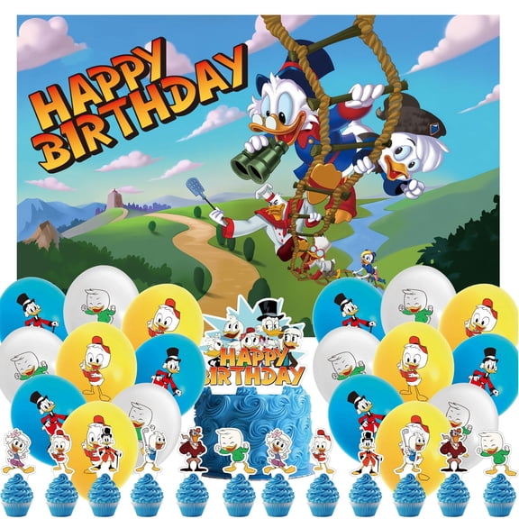 32 Pcs For DuckTales Cartoon Theme Birthday Party Supplies Party Favor Set,With 5*3ft Birthday Backdrop Decorations,18 Balloons,13 Cupcake Toppers,All-in-One Party Supply Set