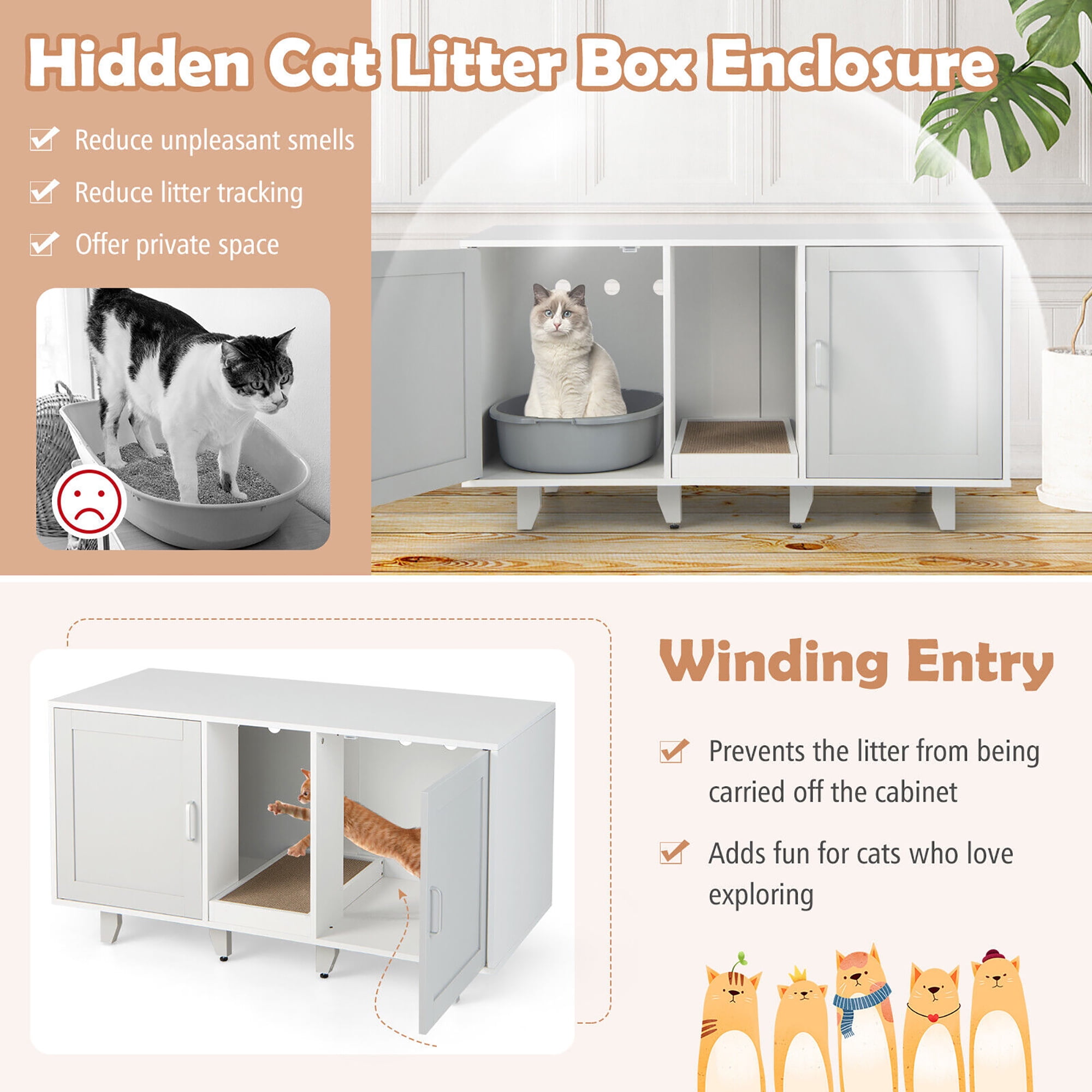 Gymax Cat Litter Box Enclosure Hidden Cat Washroom w/ 2 Doors Grey Patented