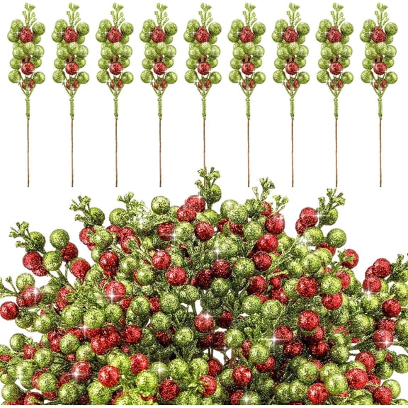 24 Pcs Christmas Glitter Berry Stem 8 Inch  Artificial Holly Berry Pick and Spray Christmas Tree Filler Branche Ornament for Xmas Wreath Craft Vase Filler Decor