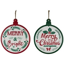 Merry and Bright Ornament Style Metal Christmas Wall Signs - 14" - Red and Green - Set of 2