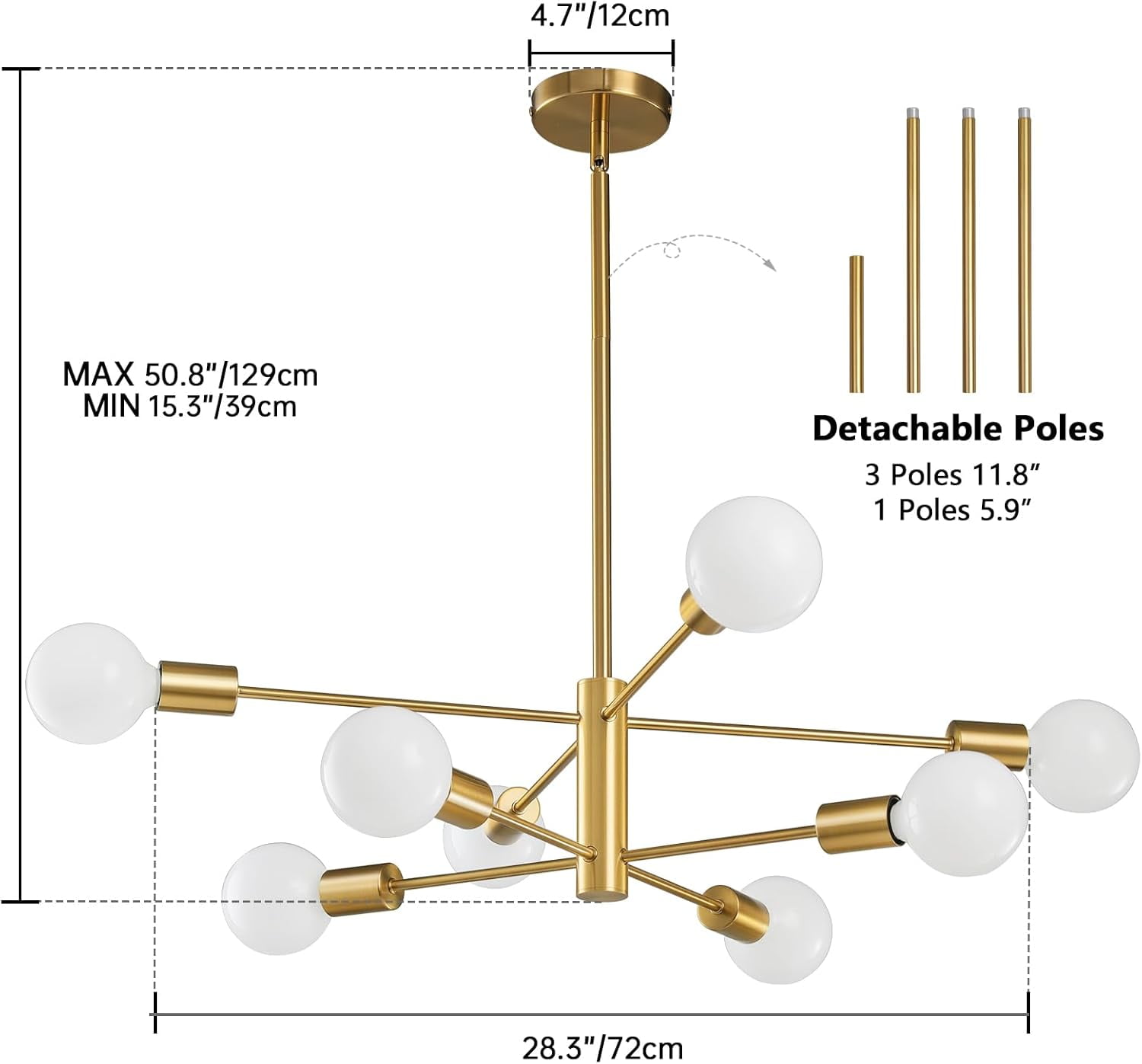 Senhu Modern Sputnik Chandeliers Light, 8-Light Gold Dining Room Chandelier Over Table, Mid Century Ceiling Light Fixtures Height Adjustable Hanging Pendant Lighting for Entryway Foyer