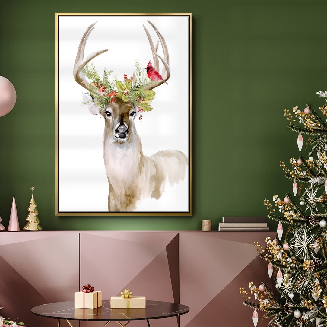 Holiday Deer I - Framed Gallery Wrapped Holiday Canvas - 27 x 41 - Gold Frame