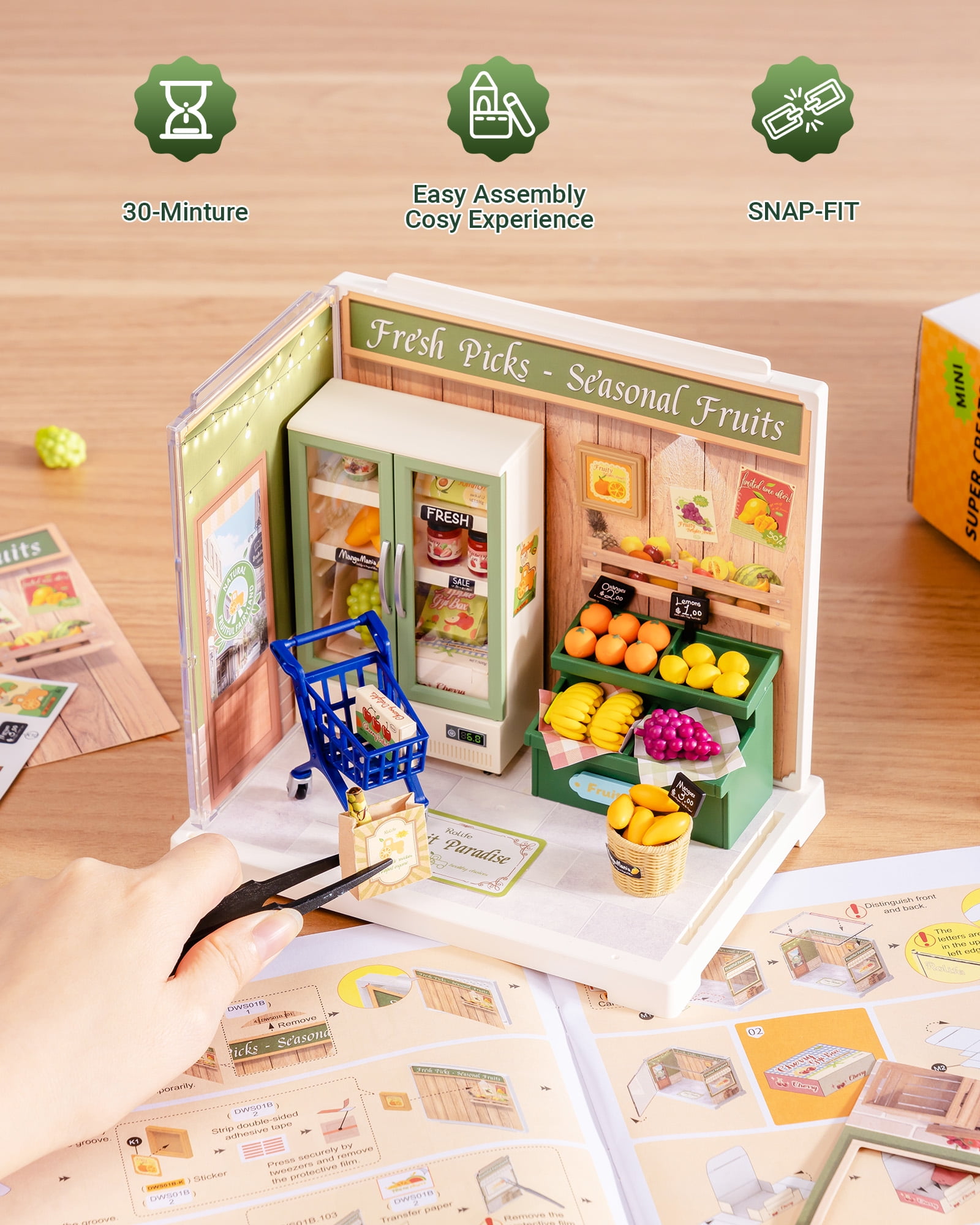 ROBOTIME Mini Dollhouse Kit Super Creator Plastic DIY Miniature House Building Set,Tiny Home Craft Kits Gifts for Teens Adults(Nature Energy Fruits)