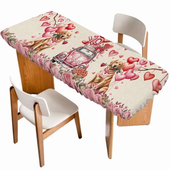Valentine's Day Table Cloths for 8 Foot Rectangle Tables, Watercolor Love Roses Dog Truck Beige Patio Waterproof Elastic Fitted Tablecloths, Washable Rectangular Table Cover for Camping