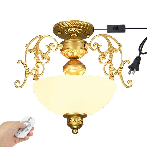 Kiven 14in Plug-in Flush Mount Ceiling Light Fixture, 3-Light Anti Glare Close to Ceiling Light with 15FT Cord, Gold Modern Glass Chandelier Dimmable for Bedroom Kitchen Hallway