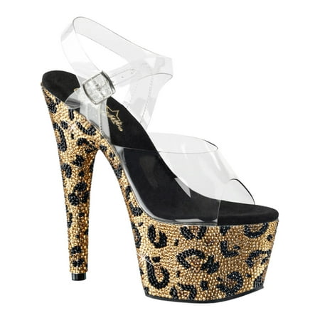 - Womens Leopard High Heels Platform Sandals Gold Rhinestone Shoes 7 Inch Heels