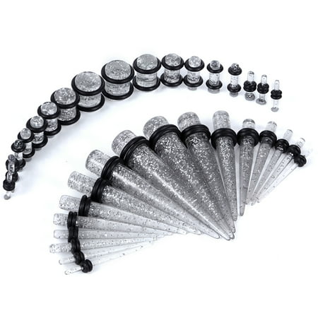 12g Gauge - Gauges Kit 18 Pairs Clear Glitter Acrylic Tapers & Plugs 14G 12G 10G 8G 6G 4G 2G 0G 00G 36 Pieces