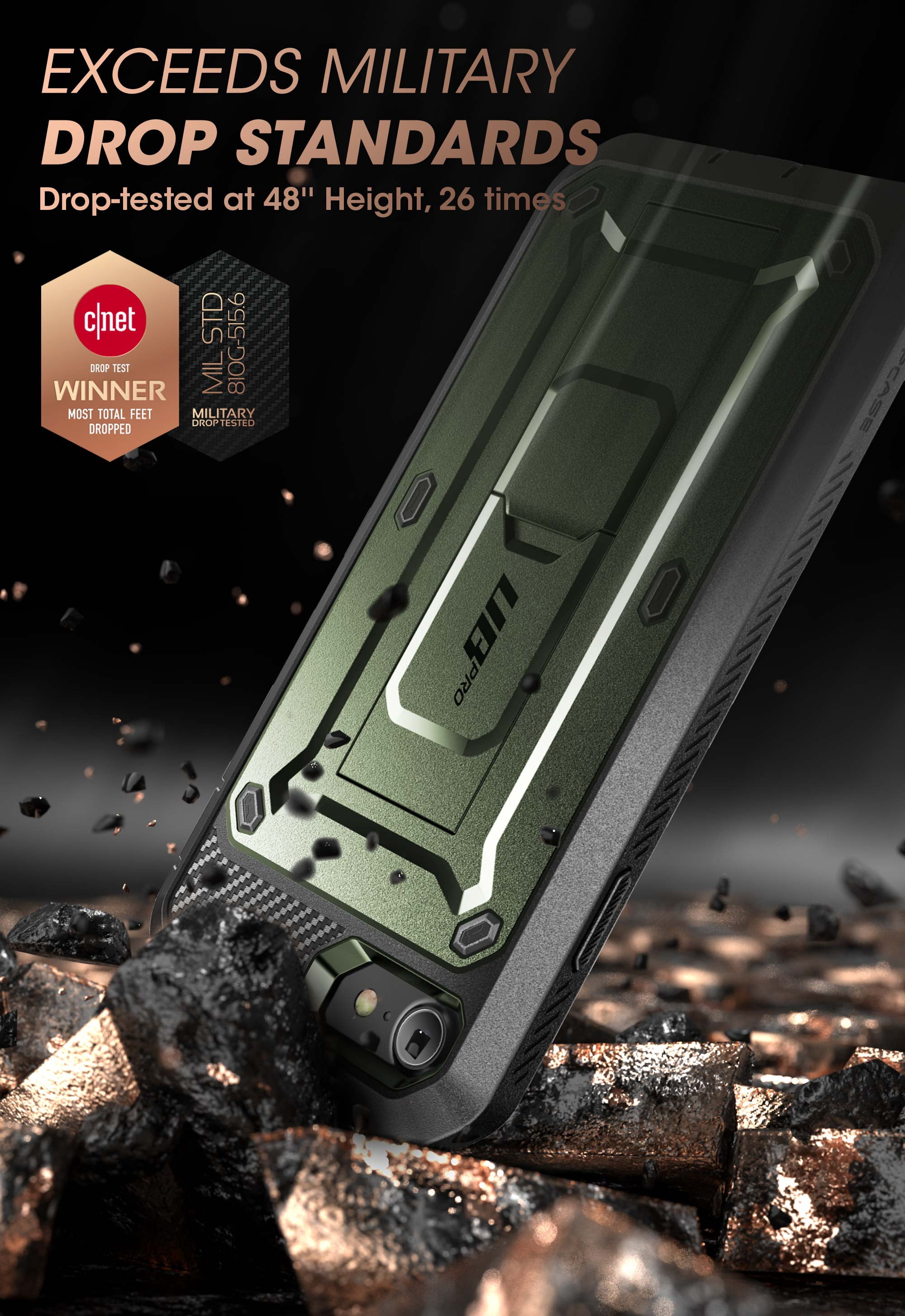SupCase Unicorn Beetle Pro Series Case Designed for iPhone SE (2022/2020) / iPhone 7 / iPhone 8, Built-in Screen Protector Full-Body Rugged Holster & Kickstand Case (Guldan)
