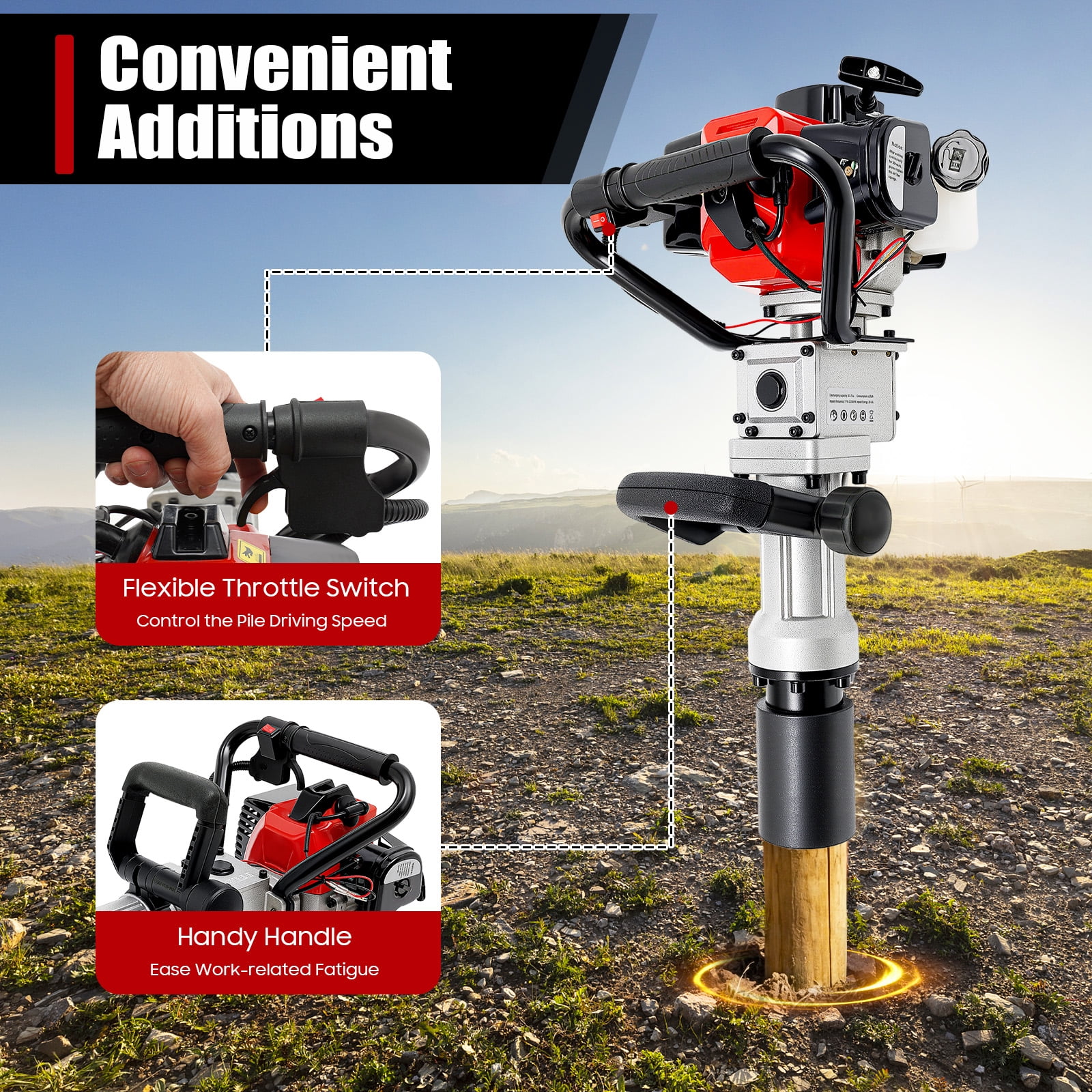 Miumaeov 2-Stroke Gas Powered T Post Driver 32.7CC 1000W Gas Powered Pile Driver 2 IN 1 Fence Post Driver with Air Cooled T Post Driver Hammer Drill with Conversion Head, Chisel & 2 Sleeves