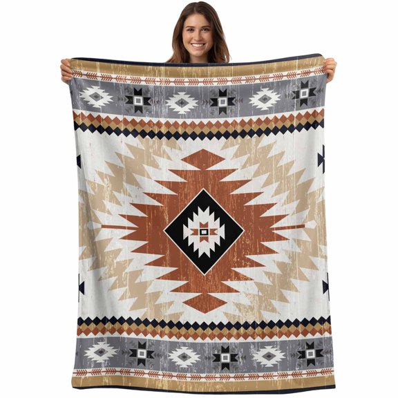 Flannel Fleece Throw Blanket Aztec Bohemian Ethnic Style Lightweight Soft Plush Blankets,Farmhouse Country Cozy Warm Throw Blanket for Couch Sofa Bed Car Office All Season Use 40x50in