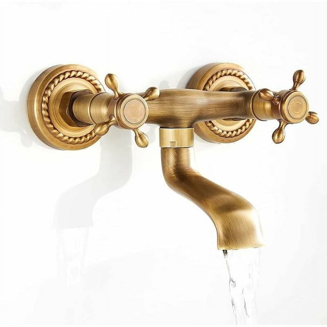 Antique Hot And Cold Water Tap, Copper Finish Two Handles Wall Mounted Kitchen Faucet, Corrosion & Rust Resistant