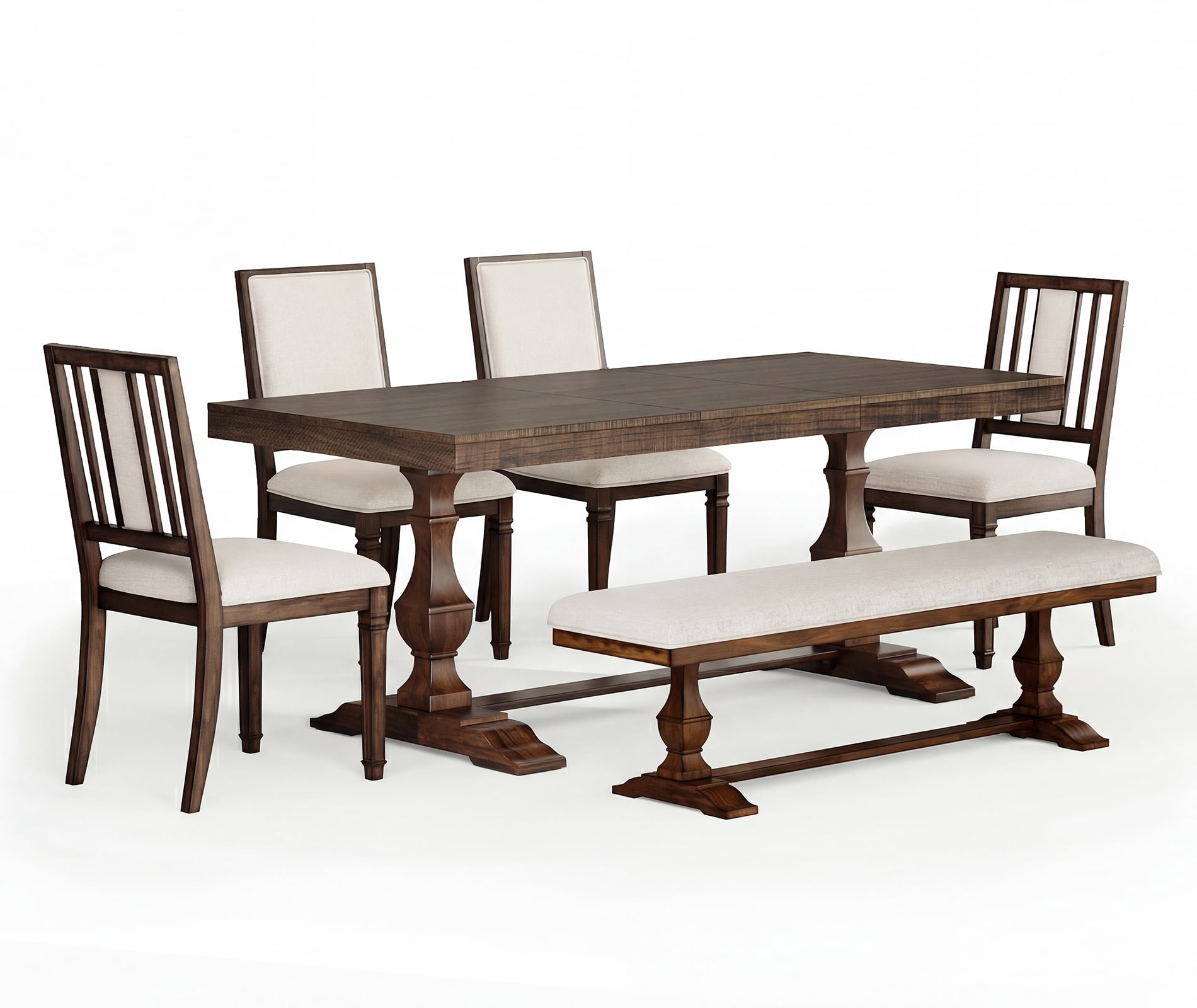 WAMPAT 6-pieces Farmhouse Dinning Table,74.8" Kitchen Table Set with 4 Chairs and Bench for 6-8, Solid Wood Legs and Cushion Seat for Kitchen & Living Room,Dark Brown
