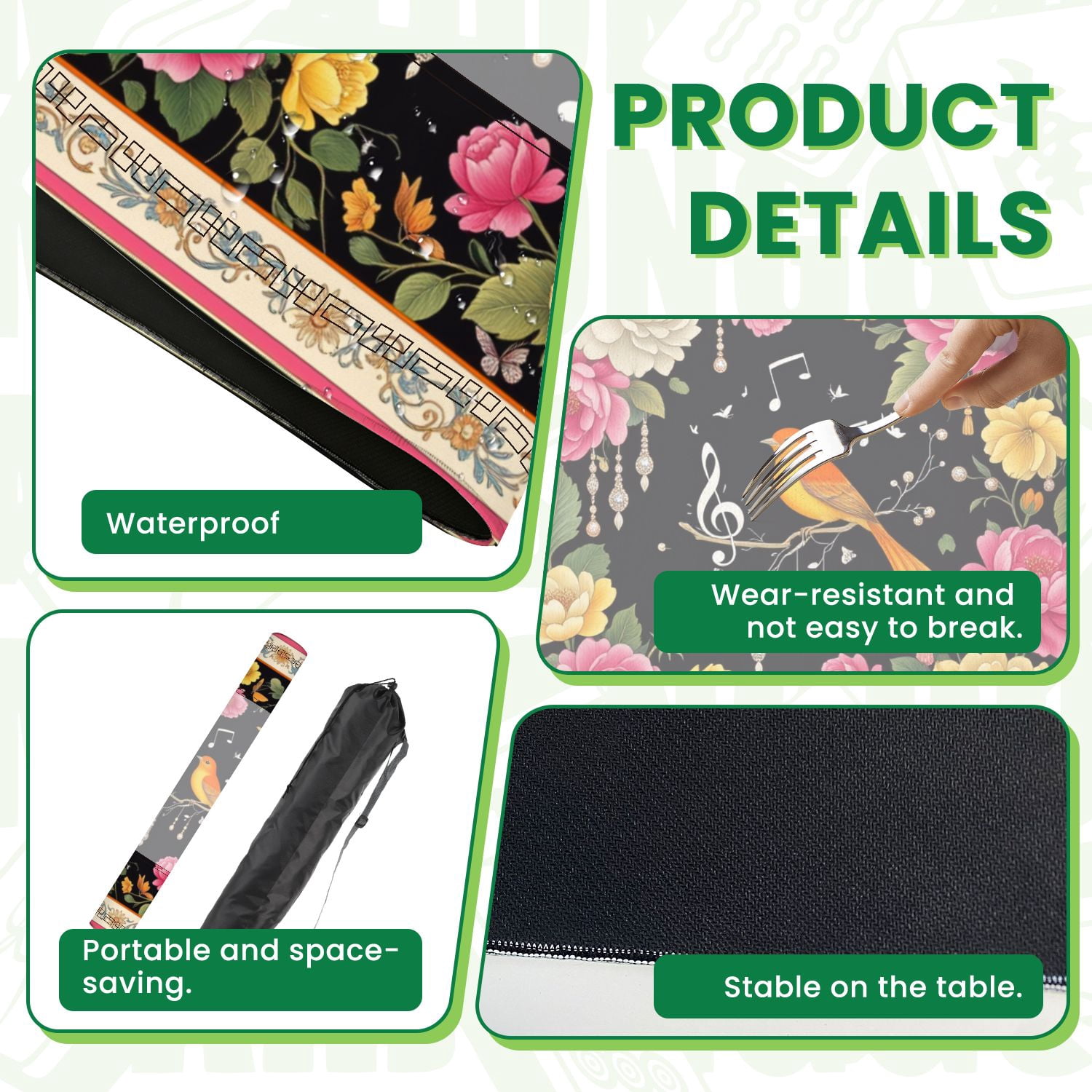 Mahjong Mat 31.5" x 31.5" Colorful Floral Peonies Butterflies Singing Bird Black Non-Slip Noise Reduction American Mahjong Tiles Table Cover for Dominoes Poker Card Board Games Gift