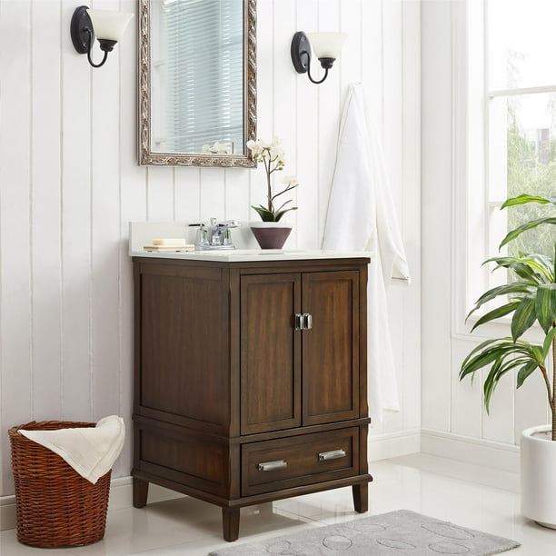 Dorel Living Otum 24 Inch Bathroom Vanity with Sink, Dark Walnut Wood
