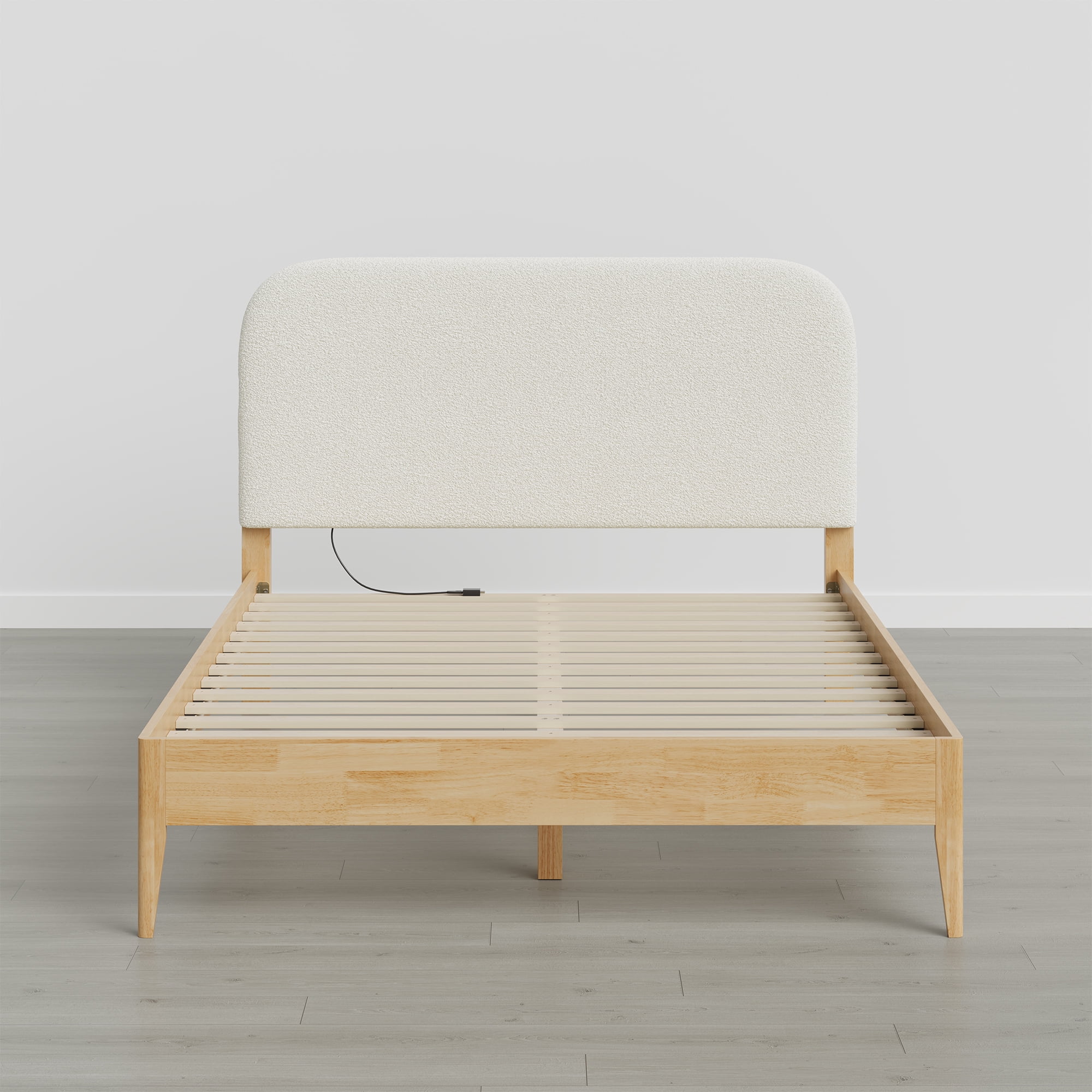 Spruce & Spring Modern Upholstered Bed Frame with Bouclé Headboard, USB & Type-C Charging Ports, Queen