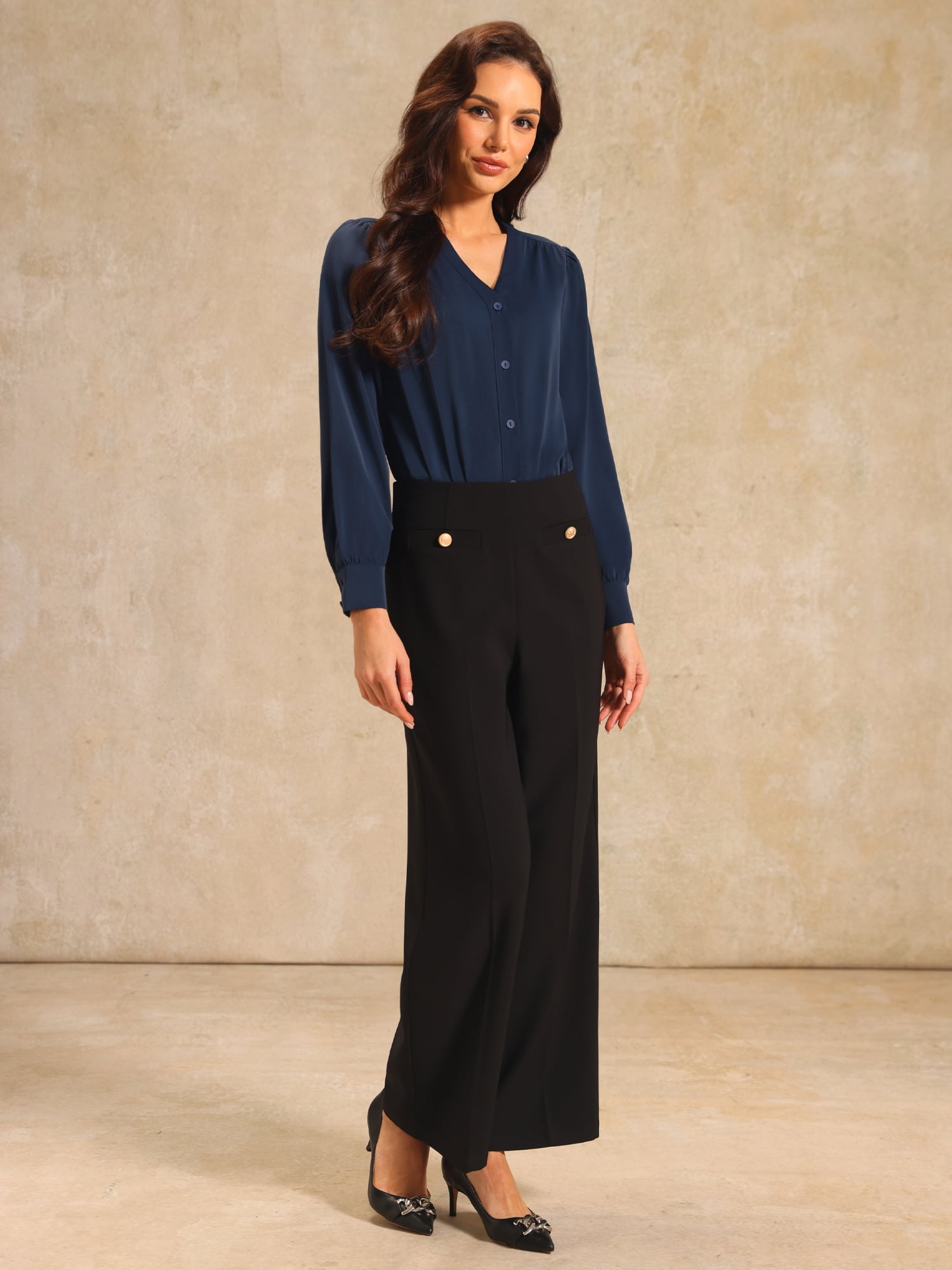 DARING DIVA Long Sleeve V Neck Classic Business Work Shirt Top X-Large Peacock Blue