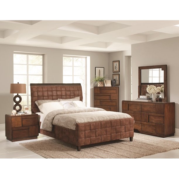 Majestic Basket Weave Design Upholstered Queen Size Bed in Brown