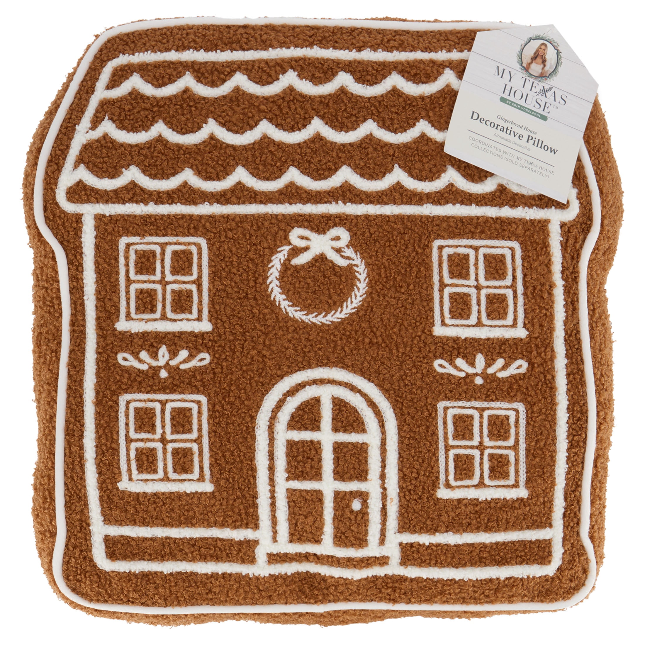 My Texas House Gingerbread House Decorative Christmas Pillow, Brown and White, 15" x 14"