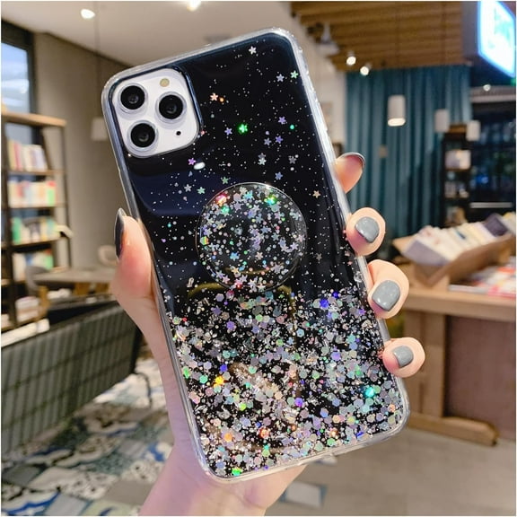 Compatible with Samsung Galaxy S21 FE 5g Case Clear Glitter Sparkle with Pop Socket Phone Case for Samsung S21 FE Case Silicone Pink Shockproof Thin Cover (Black)