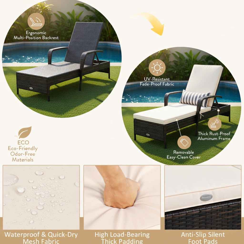 Hommoo Adjustable PE Rattan Chaise Lounge Chair with Cushion & Lumbar Pillow, Outdoor Patio Recliner for Poolside, Balcony, Lawn, Off White