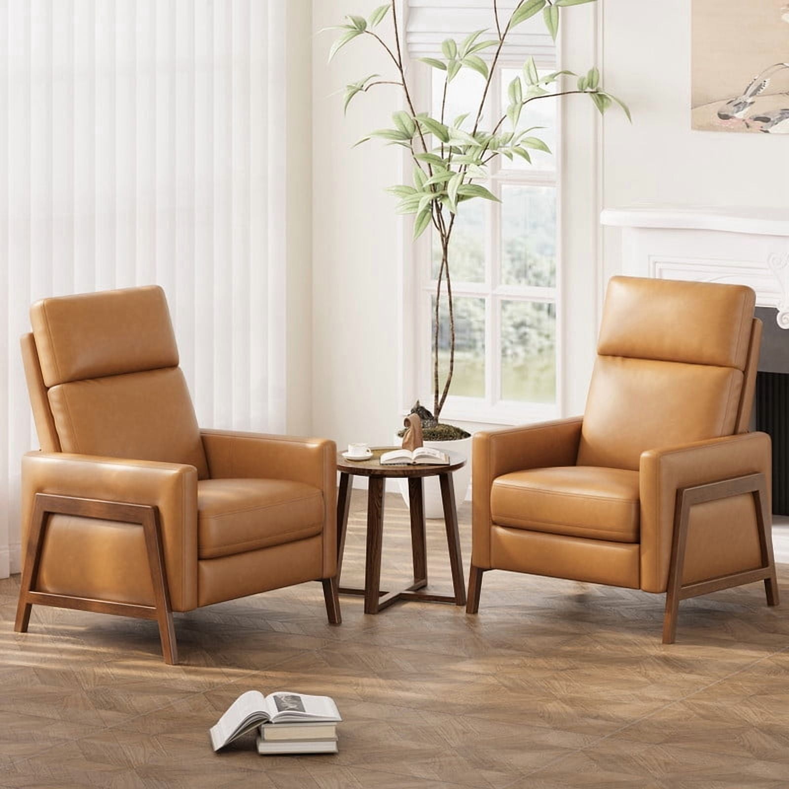 COLAMY Recliner Chair for Living Room, Brown Mid-Century Modern Push Back Recliner, Faux Leather Accent Armchair with Solid Wood Legs and Padded Seat for Small Spaces, Reading Chair