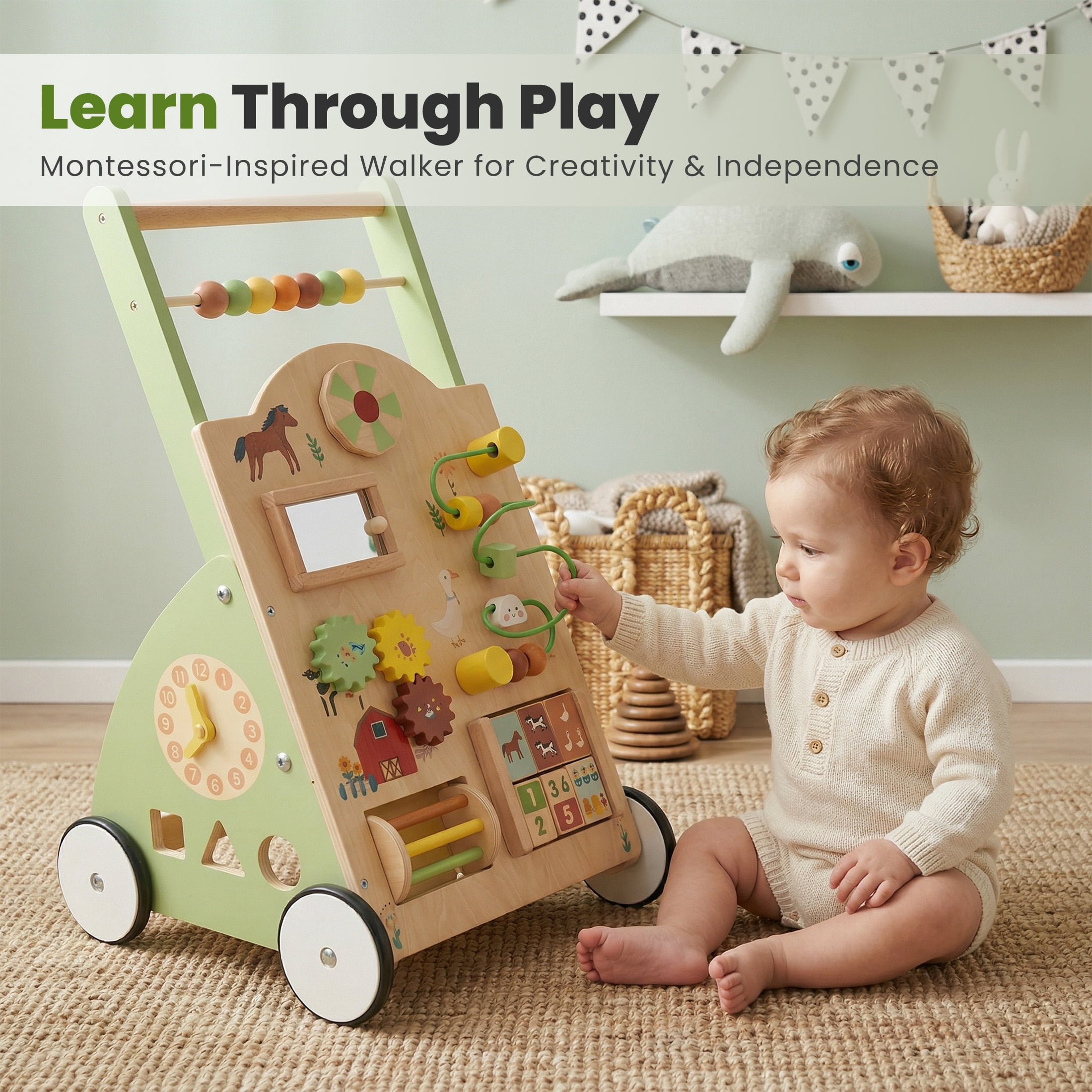 EDX Wooden Baby Walker, Adjustable Speed Montessori Learning Toy with Activity Center, Silent Rubber Wheels for Babies 12 Months, Green