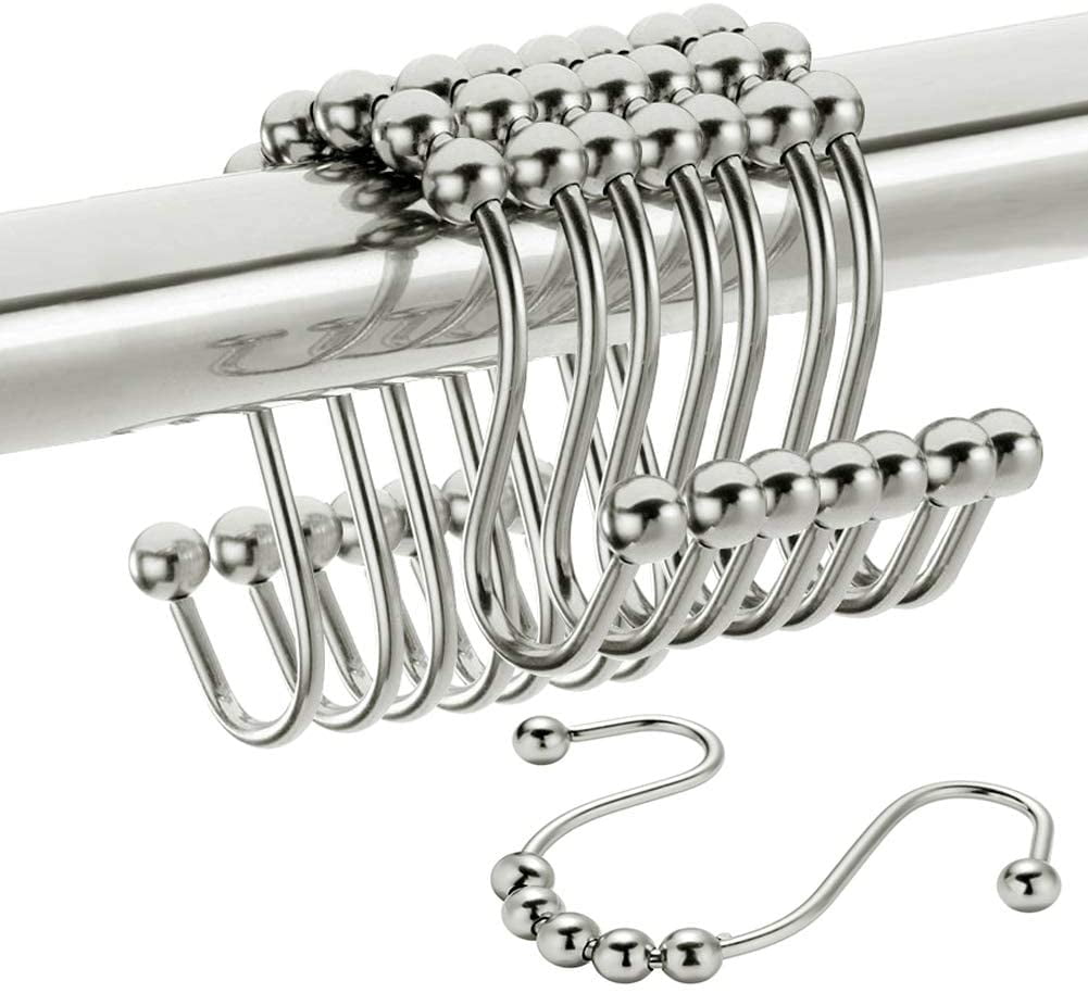 AEDILYS Durable Shower Curtain Hooks Rings,Stainless Steel Double Sliding Shower Hooks, for Bathroom Shower Rods Curtains, Set of 12 Shower Curtain Hooks,Silver