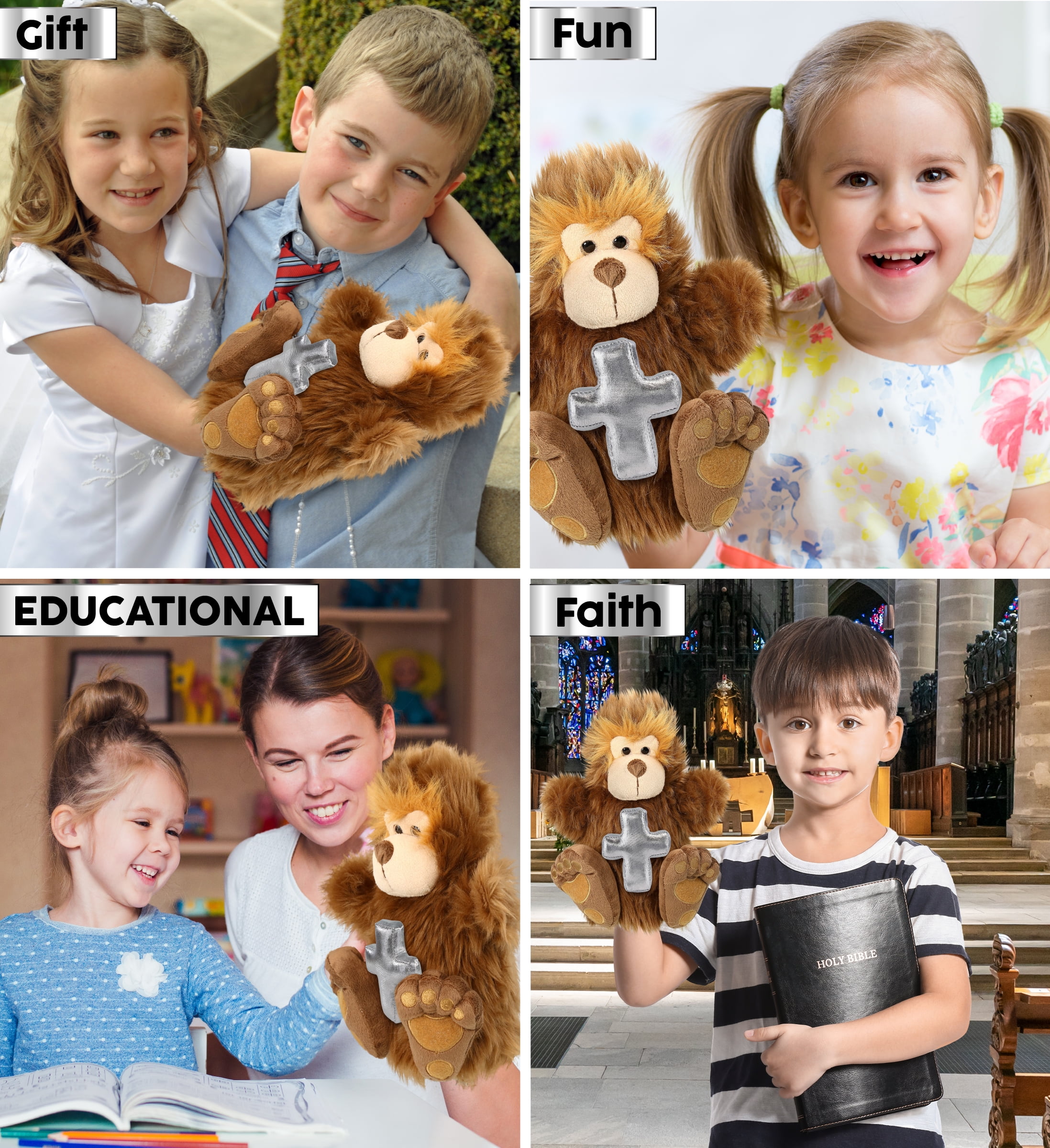 DolliBu Big Foot Hand Puppet Stuffed Animal with Silver Cross Plush - Religious Baptism Gifts for Boys and Girls, Dedication Christening Gifts Plush Prayer Toy Healing Stuffed Animal - 10 Inches