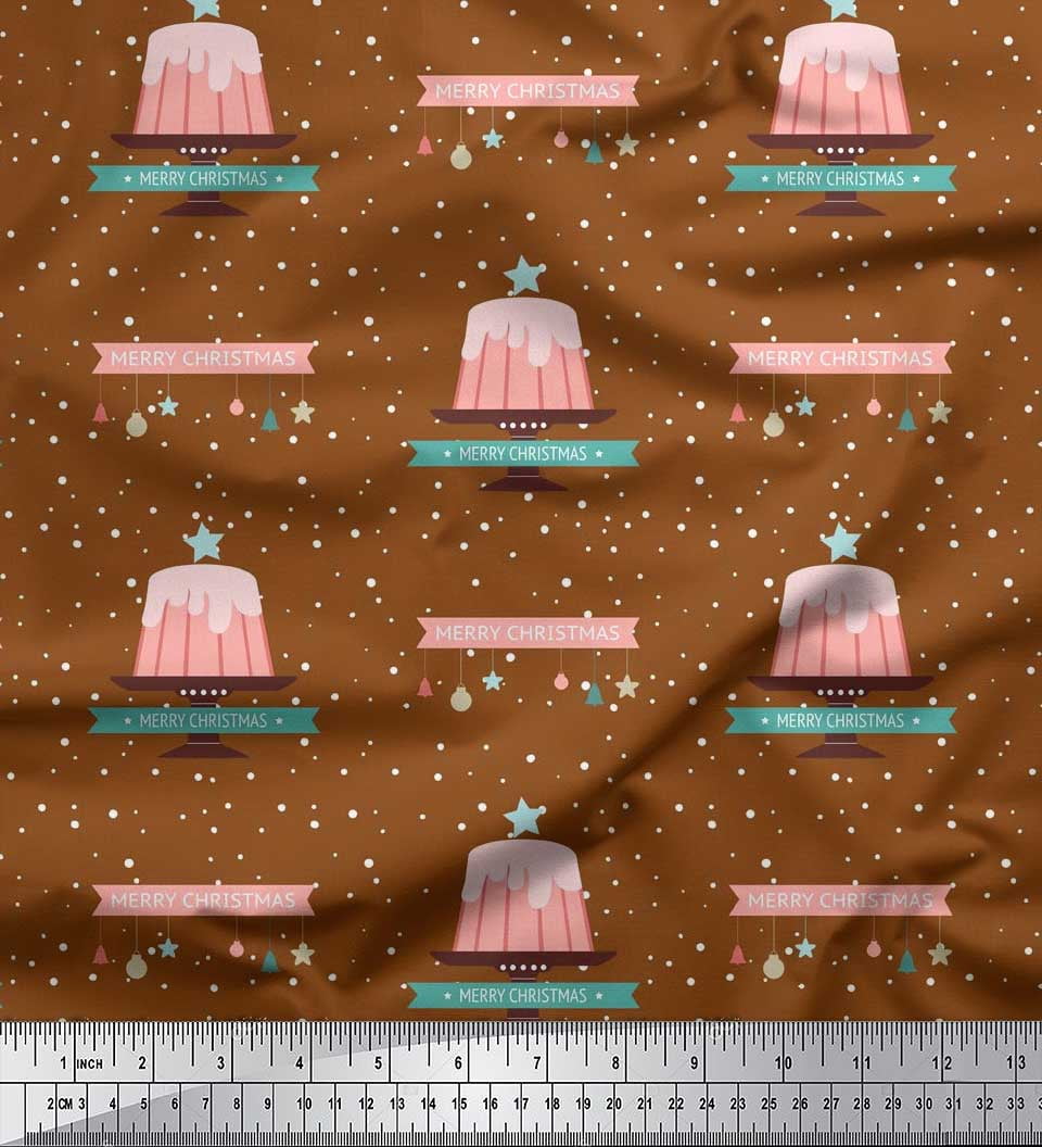 Soimoi Brown Modal Satin Fabric Cake & Ornaments Christmas Print Sewing Fabric Yard 42 Inch Wide