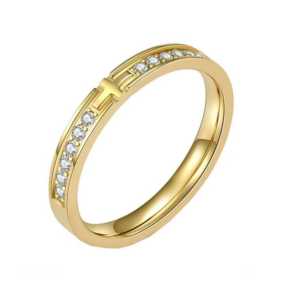 PAMTIER Women's Stainless Steel Cubic Zirconia Inlay 3MM Personalized Cross Prayer Lucky Band Ring Gold Size 6