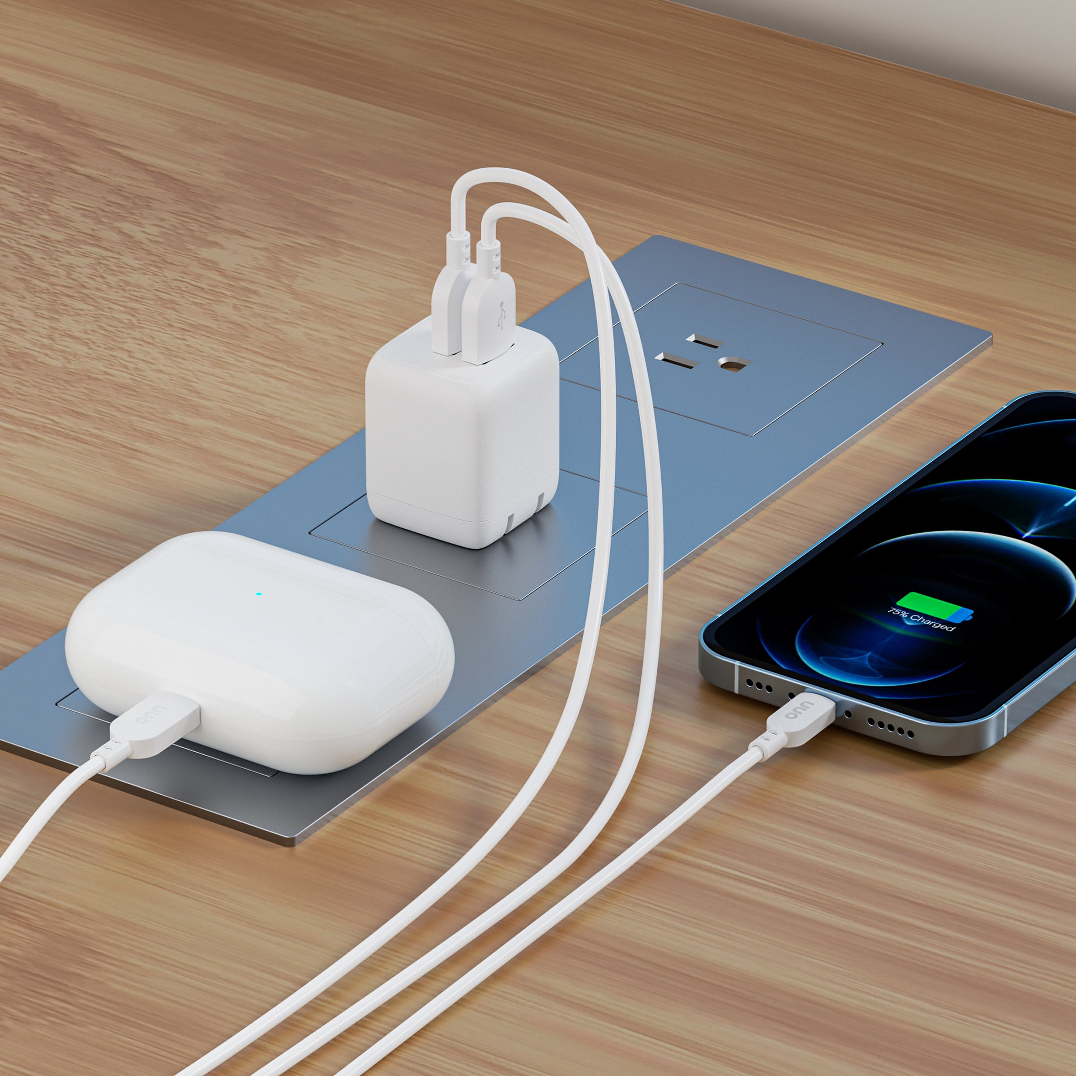 (5 pack) onn Dual USB-A Port 24W Wall Charger with 3ft Lightning to USB Cable, Foldable Plug, White