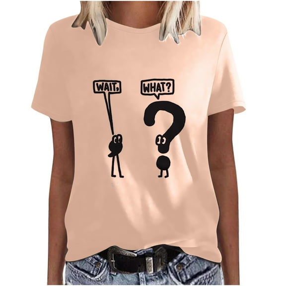 Honeeladyy Clearance under 10$ Wait, What? T-Shirt for Women Cute Comma and Question Mark Graphic Tees Casual Slim Fit Short Sleeve Round Neck Tops Pink"